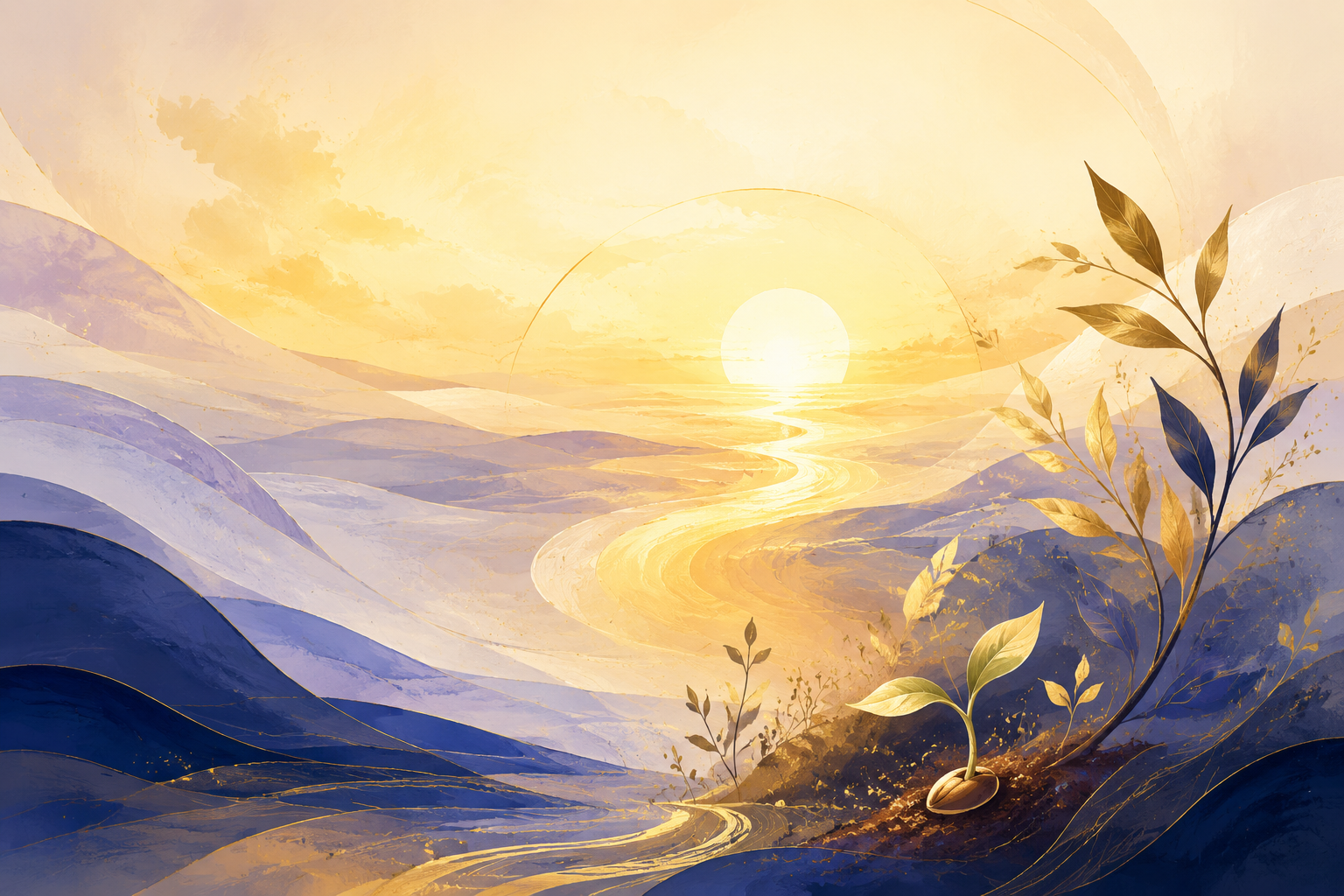 Amanhecer dourado e folhas crescendo com equilíbrio